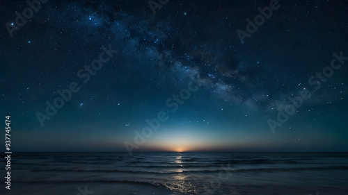 The image depicts a stunning sunset over the sea, with the warm orange glow of the sun reflecting on the calm water, clouds scattered across the sky, and gentle waves lapping at the shore