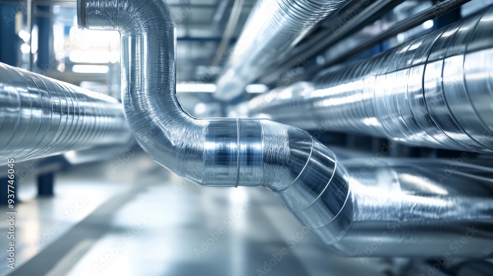 Industrial Silver: A close-up view of a network of shiny silver pipes in a industrial setting. The intricate web of pipes, reflecting the surrounding light. Industrial Silver: A close-up view of a network of shiny silver pipes in a industrial setting. The intricate web of pipes, reflecting the surrounding light.