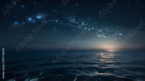 The image depicts a stunning sunset over the sea, with the warm orange glow of the sun reflecting on the calm water, clouds scattered across the sky, and gentle waves lapping at the shore