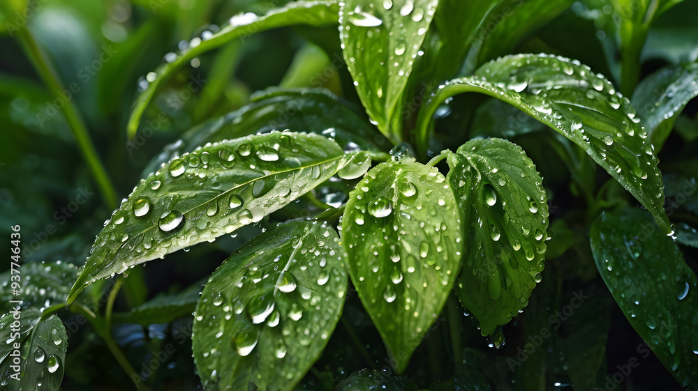 vibrant green leaves covered with fresh morning dew drops vibrant green leaves covered with fresh morning dew drops