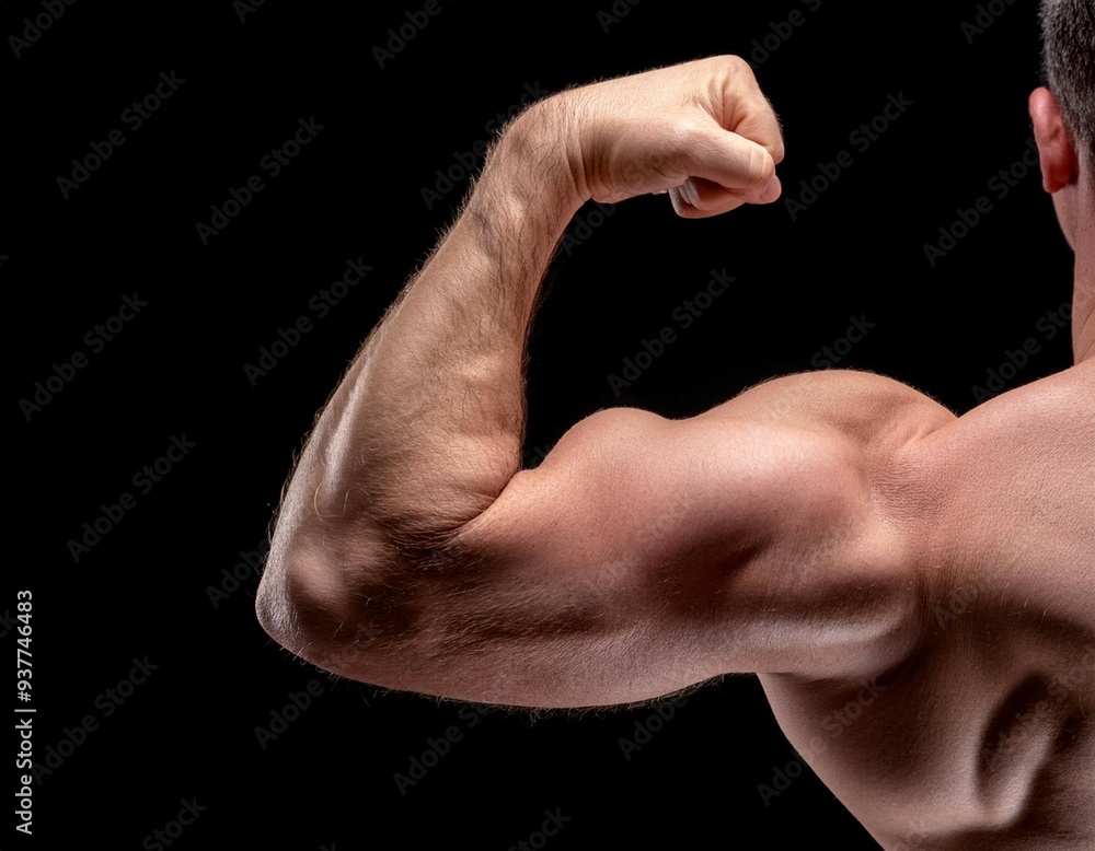 Muscular arm flexing, representing physical strength, power, and fitness. Muscular arm flexing, representing physical strength, power, and fitness.