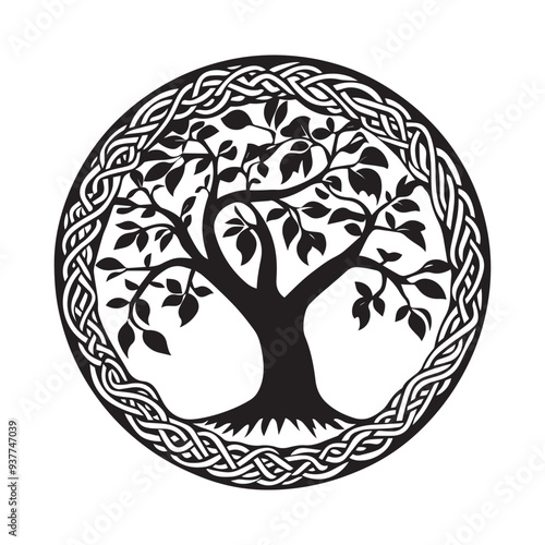 Celtic Tree of Life Clipart, Celtic Tree  Silhouette - A Celtic Apple of Conall tree illustration in black and white