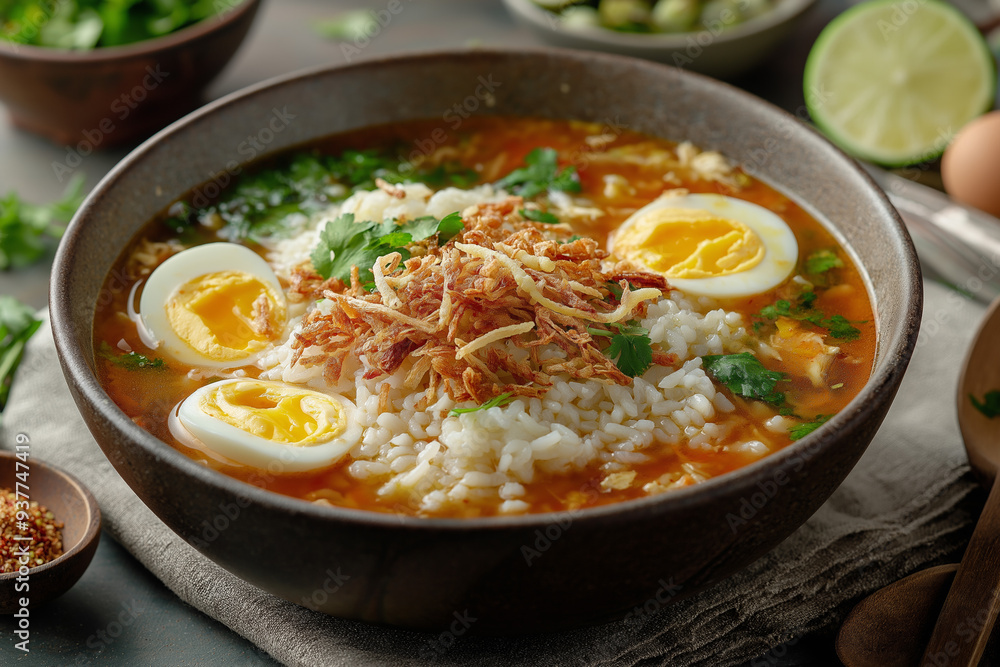 Indonesian Soto Ayam with Rice and Soft-Boiled Eggs Topped with Crispy Shallots Indonesian Soto Ayam with Rice and Soft-Boiled Eggs Topped with Crispy Shallots