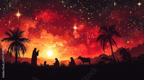 Reverent Nativity Scene with Shepherds on a Vibrant Red Background