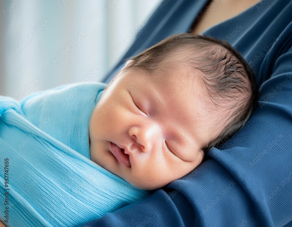Newborn Baby Swaddled in Blue Blanket Cradled by Mother in Hospital Room Newborn Baby Swaddled in Blue Blanket Cradled by Mother in Hospital Room