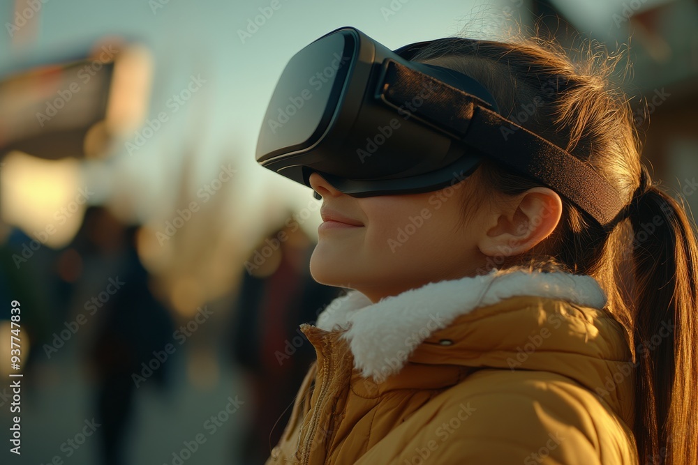 Young girl experiencing virtual reality in an urban outdoor setting wearing a sleek VR headset symbolizing the blending of modern technology with everyday life and exploration Young girl experiencing virtual reality in an urban outdoor setting wearing a sleek VR headset symbolizing the blending of modern technology with everyday life and exploration