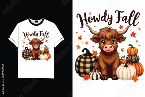 Howdy Fall T-Shirt: Cute Highland Cow & Pumpkins Design illustration
