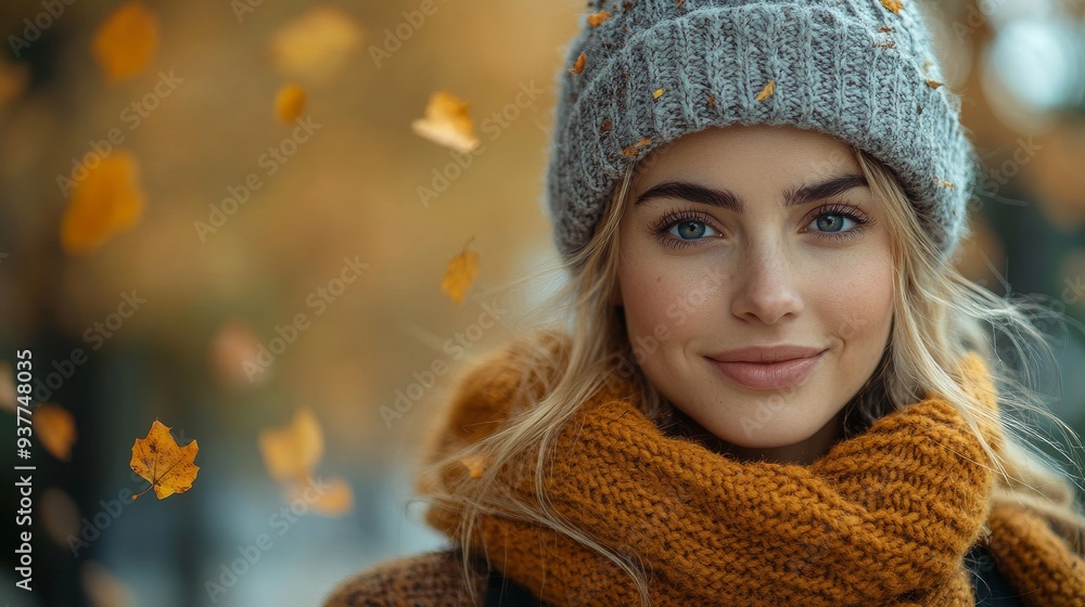 Beautiful young woman is smiling with falling autumn leaves in the background. She is wearing a warm woolen hat and scarf Beautiful young woman is smiling with falling autumn leaves in the background. She is wearing a warm woolen hat and scarf