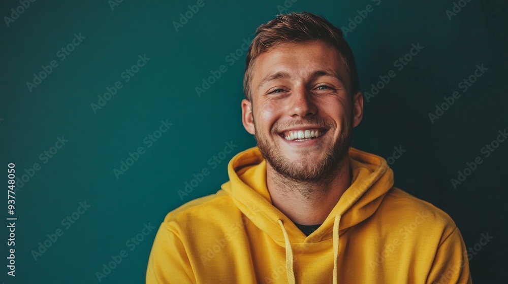 Cheerful young man in a yellow hoodie smiles brightly against a teal background, radiating joy and optimism Cheerful young man in a yellow hoodie smiles brightly against a teal background, radiating joy and optimism