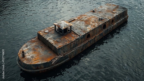 Aged metal barge floating on water transportation and industry concept