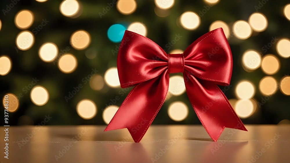 A red satin bow with a blurred background of warm, golden bokeh lights. A red satin bow with a blurred background of warm, golden bokeh lights.
