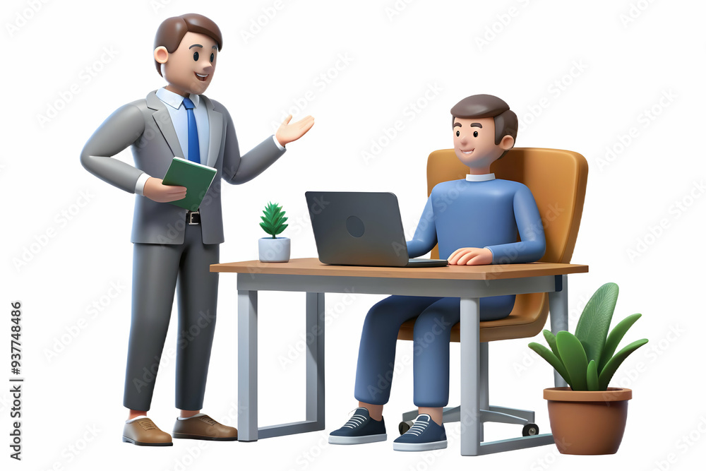 Flat Candid moment of a manager giving feedback to an employee in a private office concept as A candid shot of a manager giving feedback to an employee in a private office. The camera captures the con Flat Candid moment of a manager giving feedback to an employee in a private office concept as A candid shot of a manager giving feedback to an employee in a private office. The camera captures the con