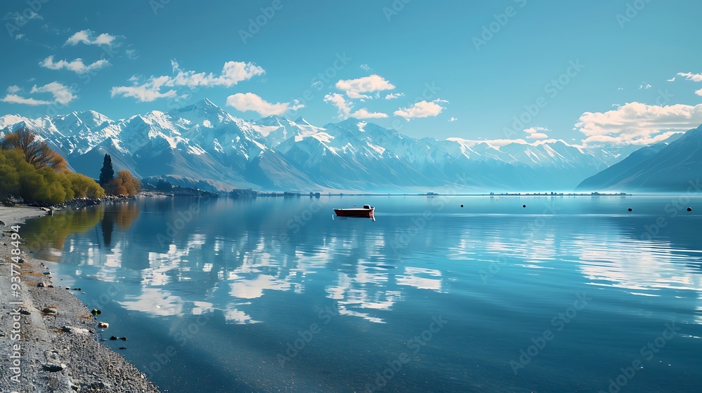 Naklejka premium A tranquil lake surrounded by snow-capped mountains, with a clear blue sky reflecting in the calm waters and a lone boat drifting peacefully near the shore.