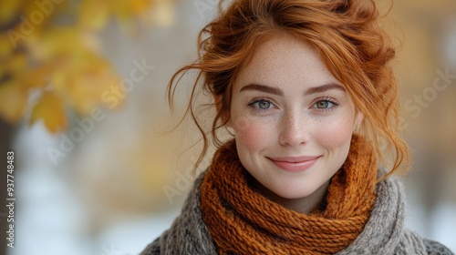 Young woman with long red hair is posing outdoors with a blurred autumn background. She is wearing a knitted orange scarf