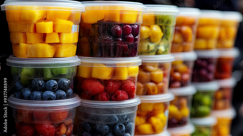 Freshly cut fruit stacked in clear containers at a market during daylight Freshly cut fruit stacked in clear containers at a market during daylight