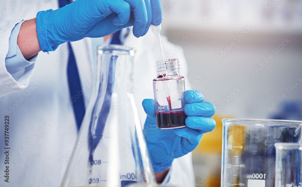 Science, experiment and person with blood in laboratory for medical research, investigation and study. Pharmaceutical, scientist and hand with container for Mpox vaccine, development and immunization Science, experiment and person with blood in laboratory for medical research, investigation and study. Pharmaceutical, scientist and hand with container for Mpox vaccine, development and immunization