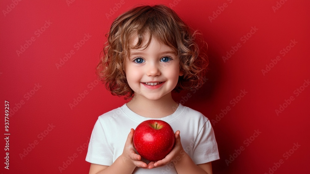 Portrait of smiling cherubic blue-eyed little girl with short curly fair hair wearing white T-shirt, holding red apple, standing on red background. Studio. Healthy food, vitamins, childhood, summer. Portrait of smiling cherubic blue-eyed little girl with short curly fair hair wearing white T-shirt, holding red apple, standing on red background. Studio. Healthy food, vitamins, childhood, summer.