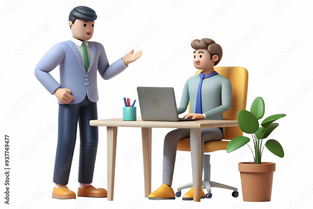 Flat Candid moment of a manager giving feedback to an employee in a private office concept as A candid shot of a manager giving feedback to an employee in a private office. The camera captures the con Flat Candid moment of a manager giving feedback to an employee in a private office concept as A candid shot of a manager giving feedback to an employee in a private office. The camera captures the con