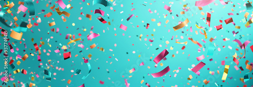 Festive colorful confetti against blue sky background