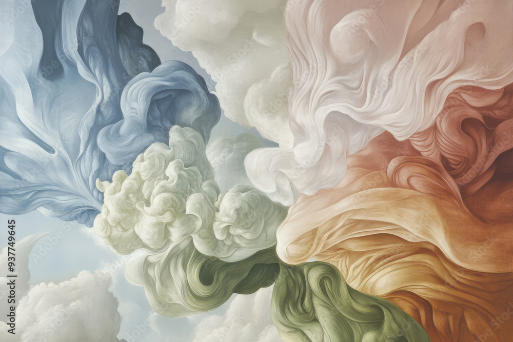 Fototapeta premium This image depicts a beautiful abstract landscape with colorful swirling clouds in hues of blue, green, white, and orange, evoking a sense of wonder and creativity.