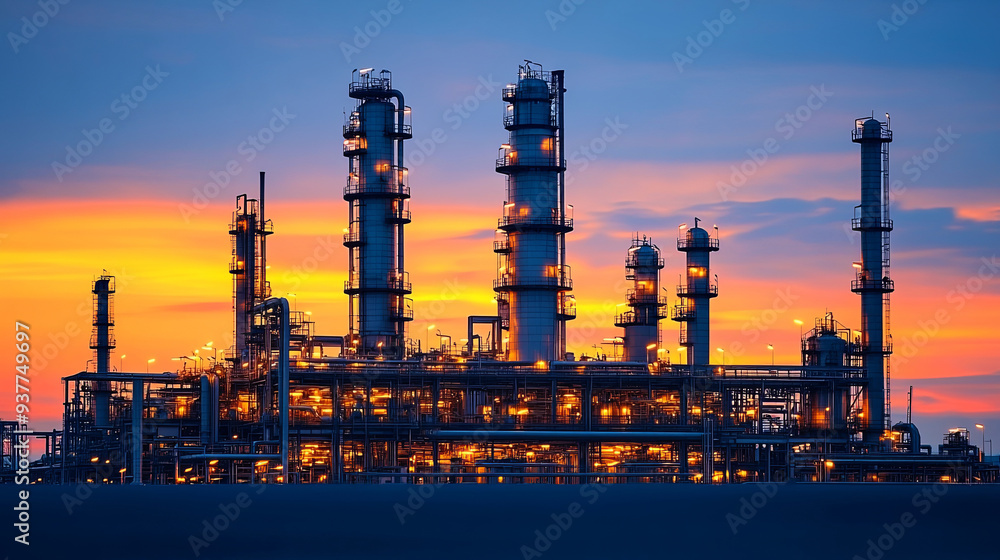 Refinery infrastructure illuminated at dusk against a colorful sunset Refinery infrastructure illuminated at dusk against a colorful sunset