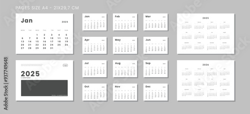 Set of Pages Monthly Calendar Planner Templates,annuals on 2025-2026, Cover with Place for Photo, Company Logo. Vector pages size A4 for wall or desk calendar with week starting on Monday for printing
