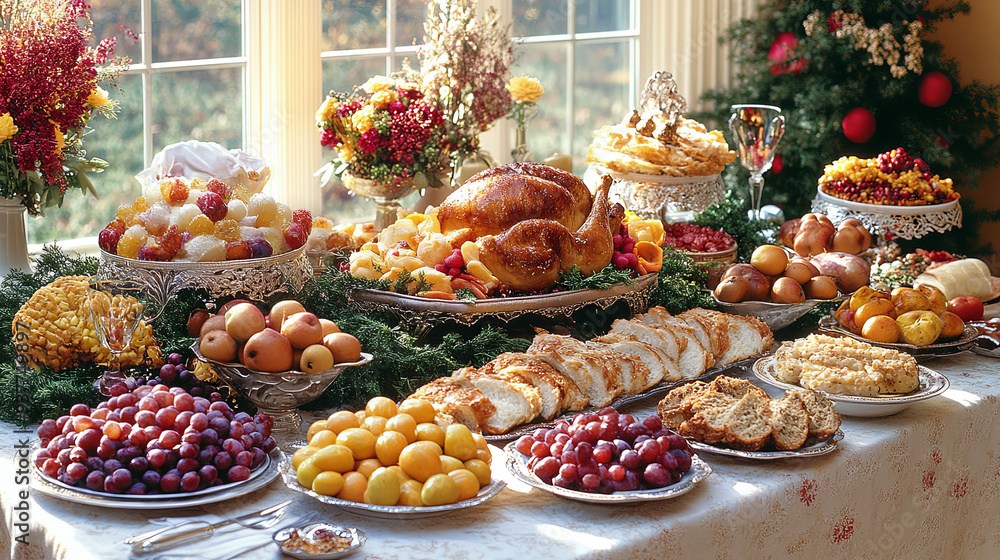 A festive dining table adorned with a turkey and various fruits in a decorated room during the holiday season A festive dining table adorned with a turkey and various fruits in a decorated room during the holiday season