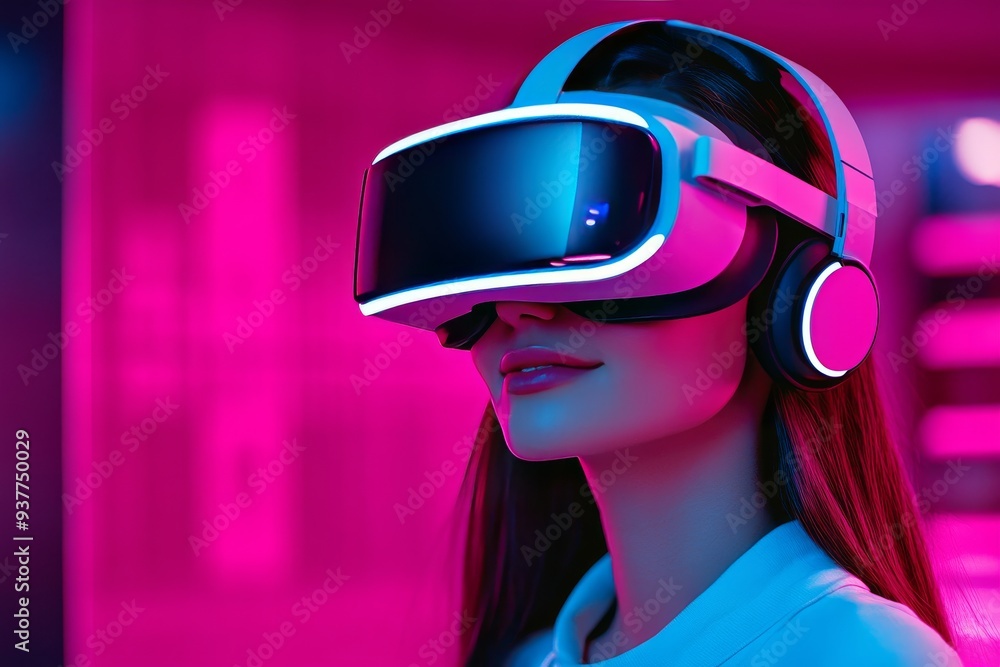 Futuristic profile of a woman in a vibrant neon lit digital environment wearing a sleek VR headset symbolizing the fusion of creativity and advanced virtual reality technology in an immersive world Futuristic profile of a woman in a vibrant neon lit digital environment wearing a sleek VR headset symbolizing the fusion of creativity and advanced virtual reality technology in an immersive world