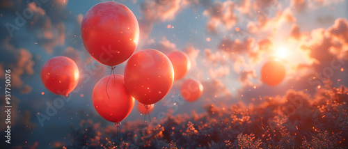 a group of red balloons floating in the sky. The balloons are of different sizes and shapes, and they are all the same size and shape. 