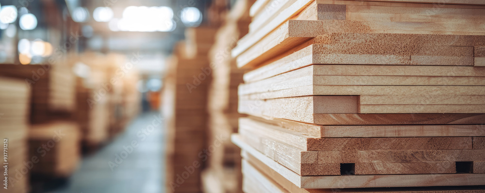 Obraz premium Stack of wooden planks filling lumberyard warehouse