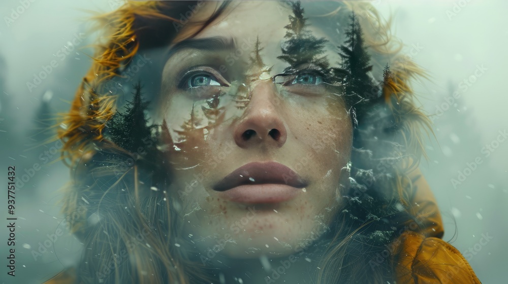 Combination of a silhouette of a woman's face, high mountains and forest. The concept of the unity of nature and man. Concept of the connection between man and nature, taking care of the environment Combination of a silhouette of a woman's face, high mountains and forest. The concept of the unity of nature and man. Concept of the connection between man and nature, taking care of the environment