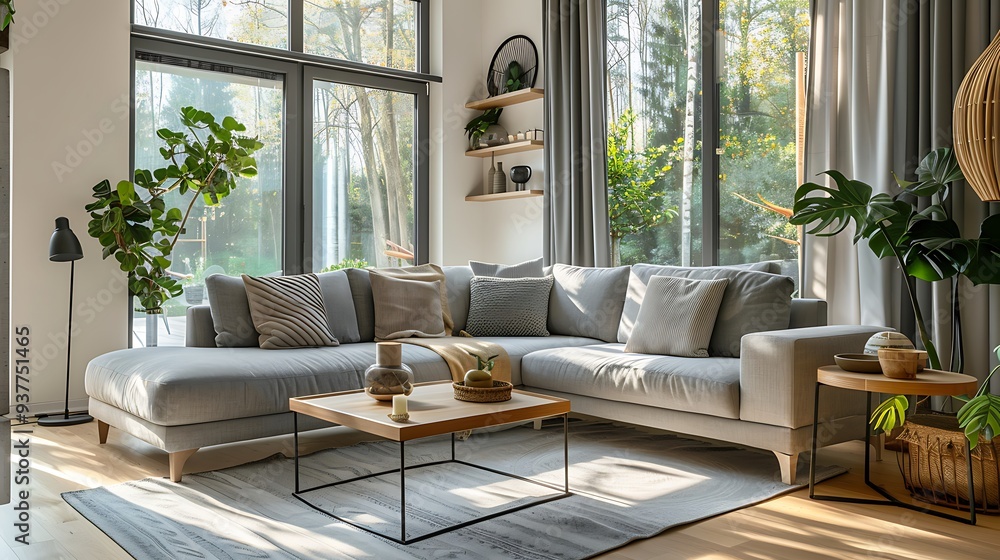 Luxury living room interior with cozy grey sofas, big window and coffee table Luxury living room interior with cozy grey sofas, big window and coffee table