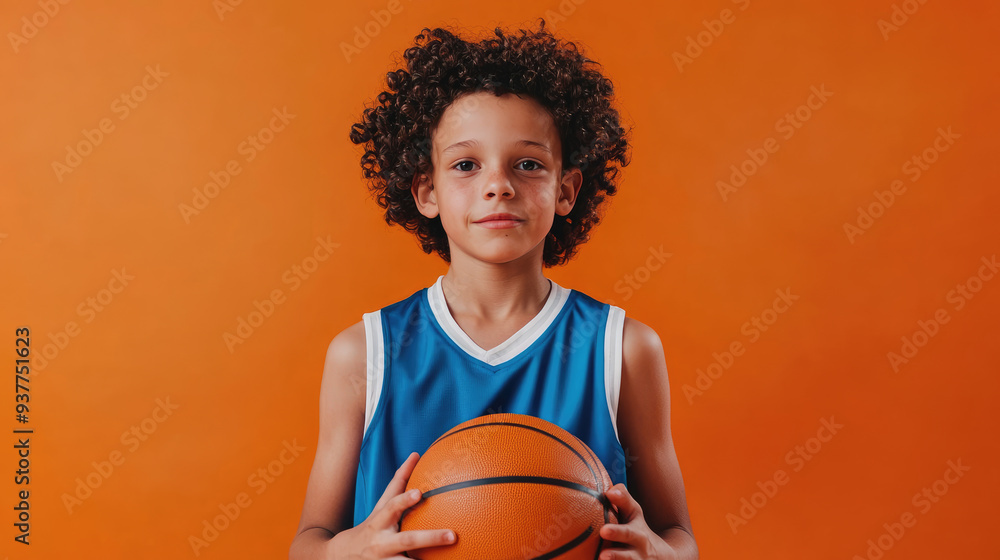 Young basketball player holding ball with orange background Young basketball player holding ball with orange background