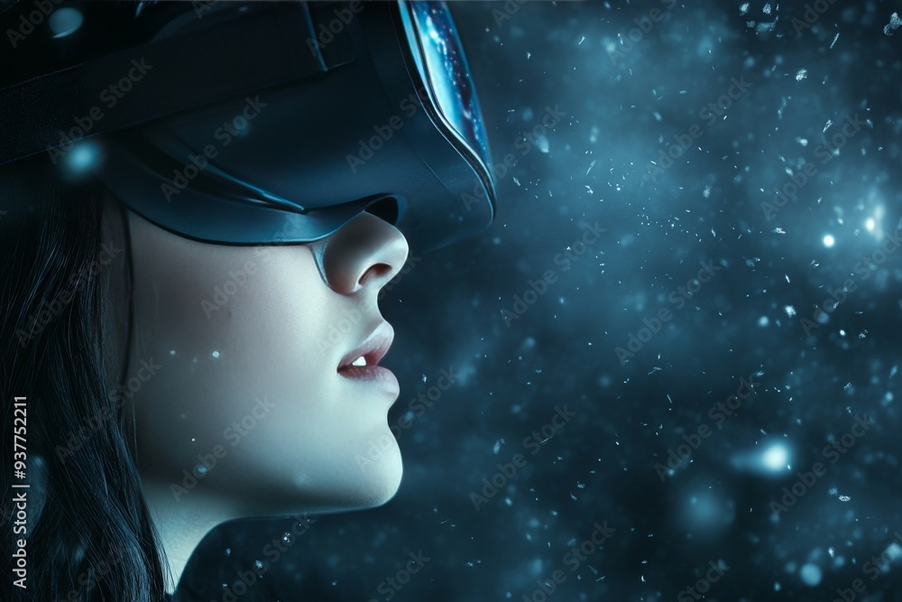Portrait of a woman in a vibrant blue digital environment wearing a sleek VR headset symbolizing the fusion of exploration and advanced virtual reality technology Portrait of a woman in a vibrant blue digital environment wearing a sleek VR headset symbolizing the fusion of exploration and advanced virtual reality technology