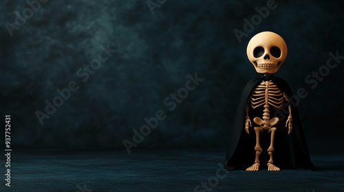 A spooky skeleton in a black cape stands against a dark background, perfect for Halloween and gothic themes.