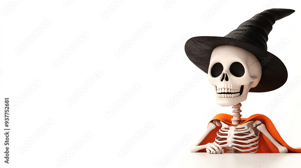 A whimsical skeleton wearing a witch hat and cape, perfect for Halloween celebrations and creative decorations. A whimsical skeleton wearing a witch hat and cape, perfect for Halloween celebrations and creative decorations.
