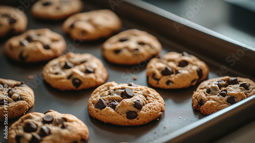 Freshly baked chocolate chip cookies cooling on a tray in a sunny kitchen during the late afternoon