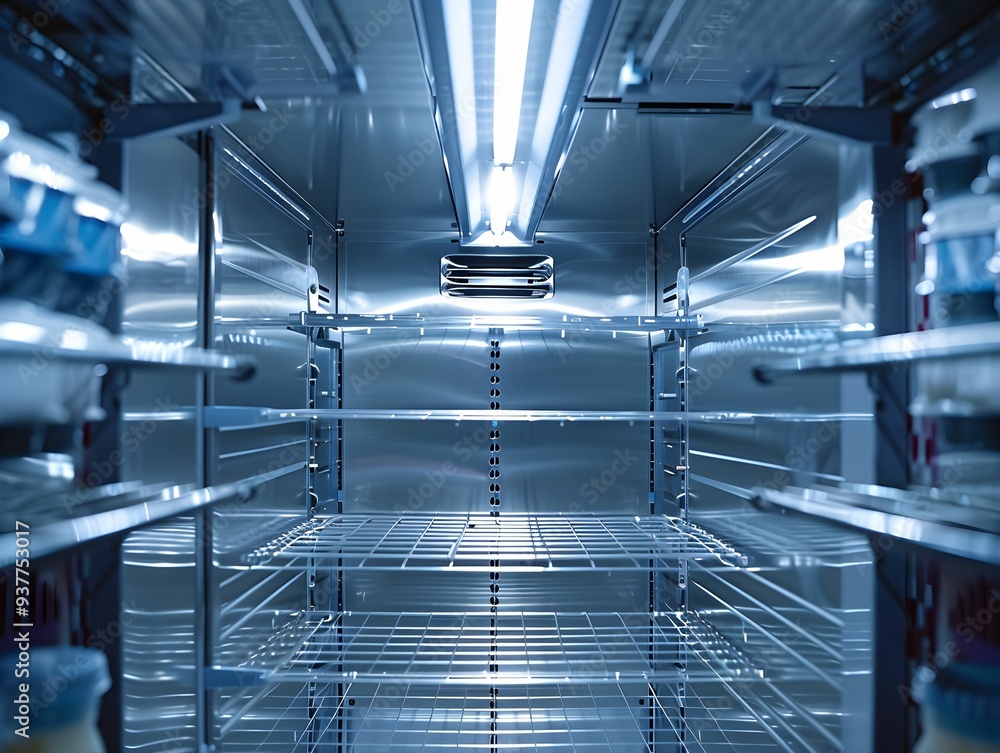 Empty refrigerator interior with bright lighting and organized shelves showcases spacious storage potential for food and beverages Empty refrigerator interior with bright lighting and organized shelves showcases spacious storage potential for food and beverages