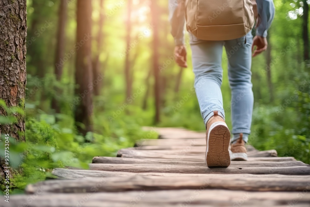 A person walking on a wooden path through a vibrant green forest, enjoying nature and tranquility. A person walking on a wooden path through a vibrant green forest, enjoying nature and tranquility.