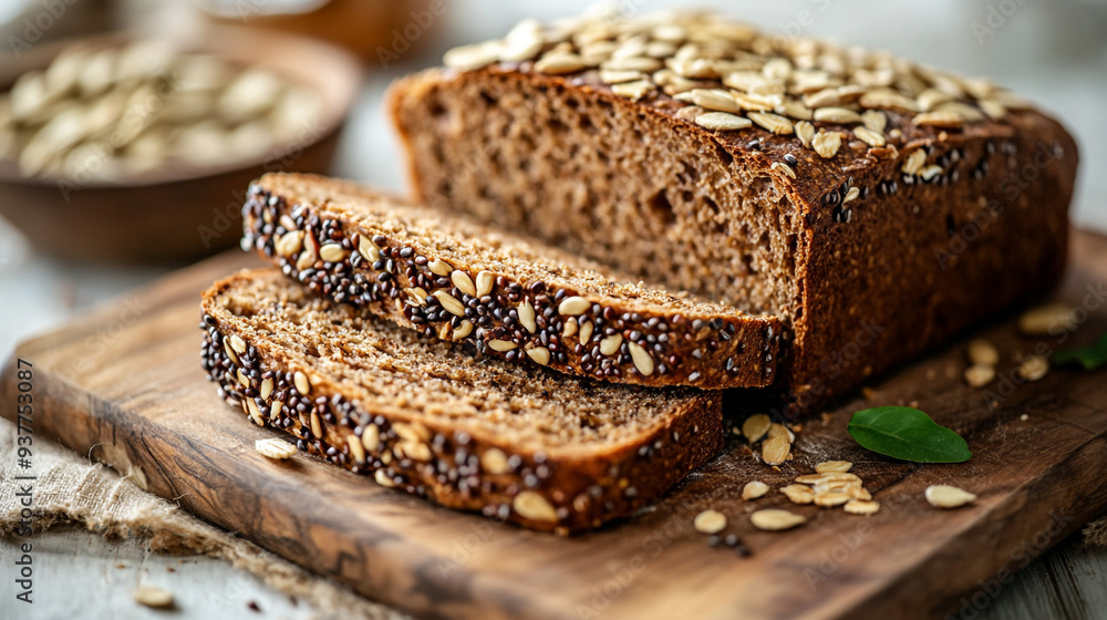 Freshly baked whole grain bread with seeds on a wooden cutting board, garnished with scattered seeds and herbs Freshly baked whole grain bread with seeds on a wooden cutting board, garnished with scattered seeds and herbs