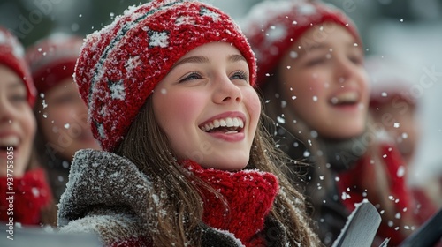 Harmony in the Snow: Choir Singing Joyfully Against a Winter Wonderland Background