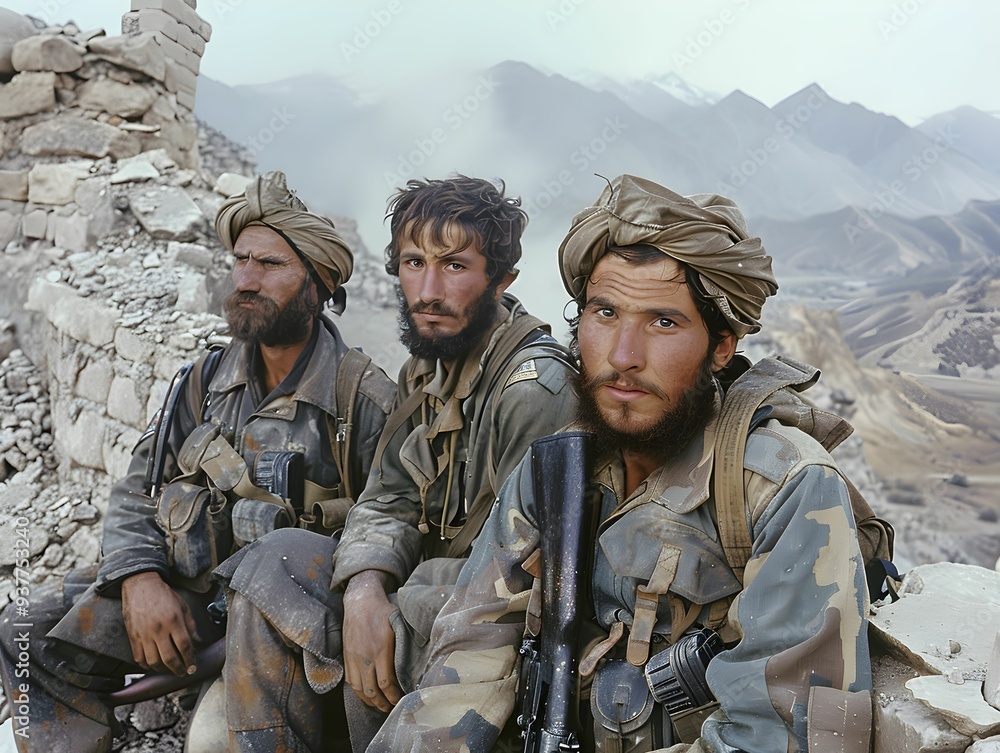 Three armed fighters rest on a rocky hillside in the rugged mountains of Afghanistan during the late afternoon light Three armed fighters rest on a rocky hillside in the rugged mountains of Afghanistan during the late afternoon light