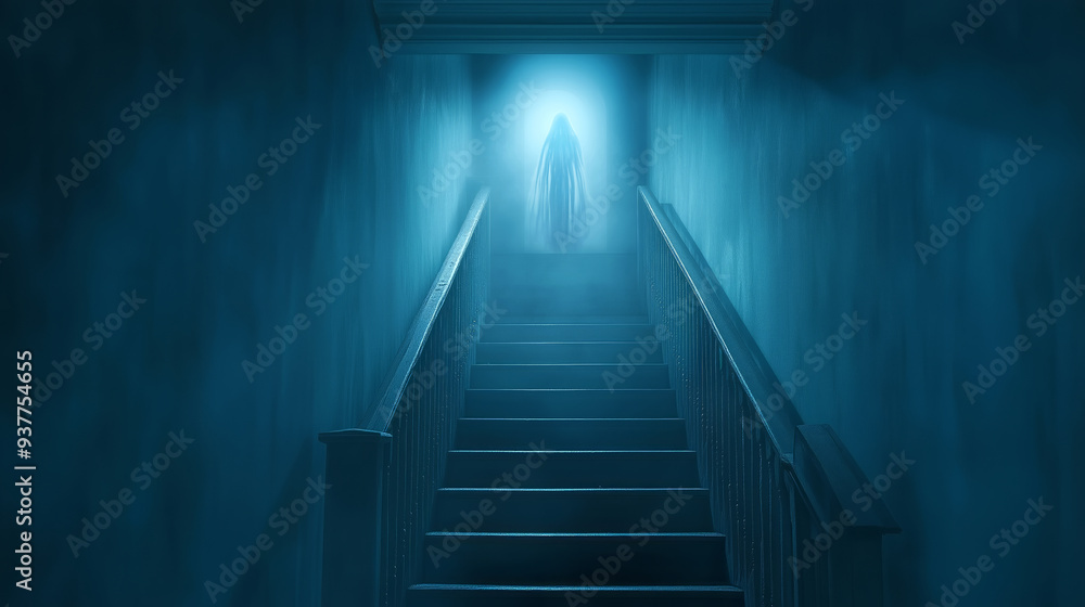 Obraz premium Ghostly figure at the top of a dimly lit staircase, evoking a sense of dread and suspense