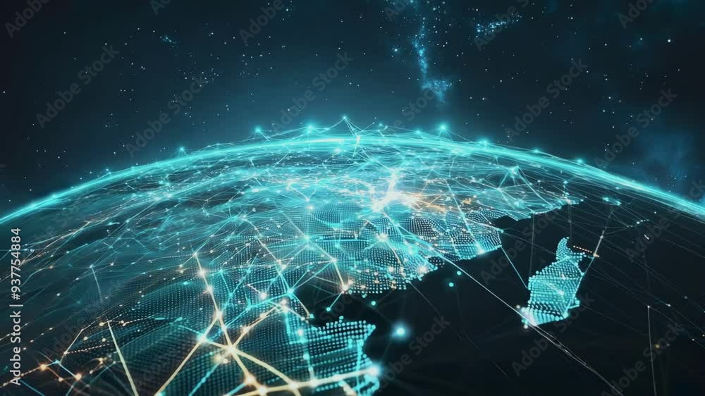 Animated video of digital network connections over illuminated earth surface with starry background. Ideal for global technology, communication, and internet concept visualizations
