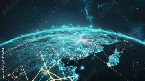 Animated video of digital network connections over illuminated earth surface with starry background. Ideal for global technology, communication, and internet concept visualizations