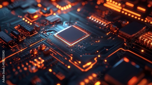 Close-up of a glowing microchip on a futuristic circuit board, showcasing intricate details and vibrant orange and blue lights.