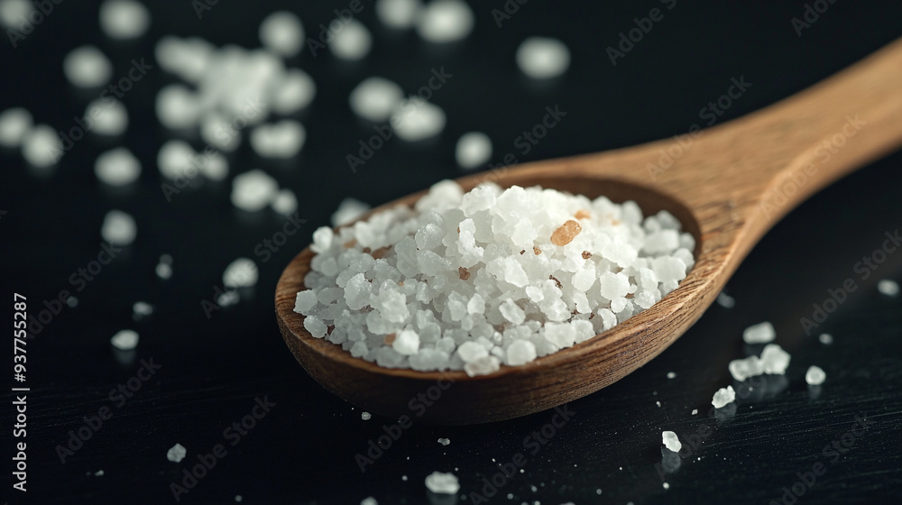 Sea salt in a wooden spoon on a dark background highlighting culinary versatility and natural flavor enhancement Sea salt in a wooden spoon on a dark background highlighting culinary versatility and natural flavor enhancement