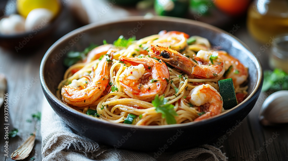 Delicious shrimp pasta dish served in a rustic bowl with fresh herbs and vegetables, perfect for a cozy dinner at home Delicious shrimp pasta dish served in a rustic bowl with fresh herbs and vegetables, perfect for a cozy dinner at home