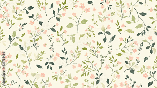 Seamless Pattern of Delicate Pink Flowers and Green Foliage on Cream Background for Fabric or Wallpaper Design