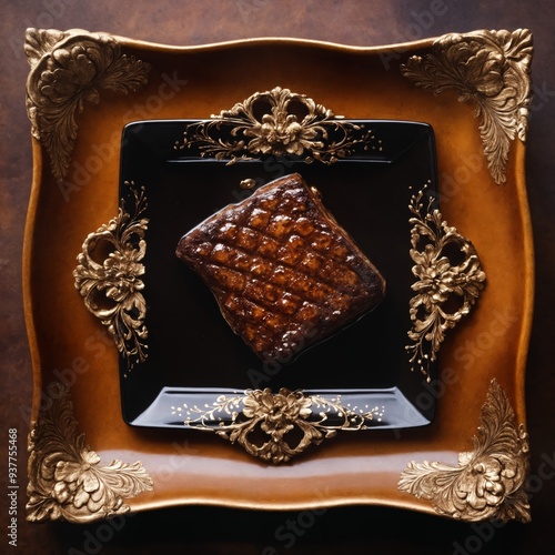 piece of meat on a plate with a black background and gold trim. The meat appears to be well-done and is presented on a gold plate with a black border. photo